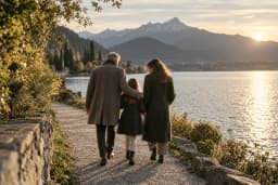 Symbolbild: Drei Generationen gehen gemeinsam an einem See mit Bergpanorama spazieren