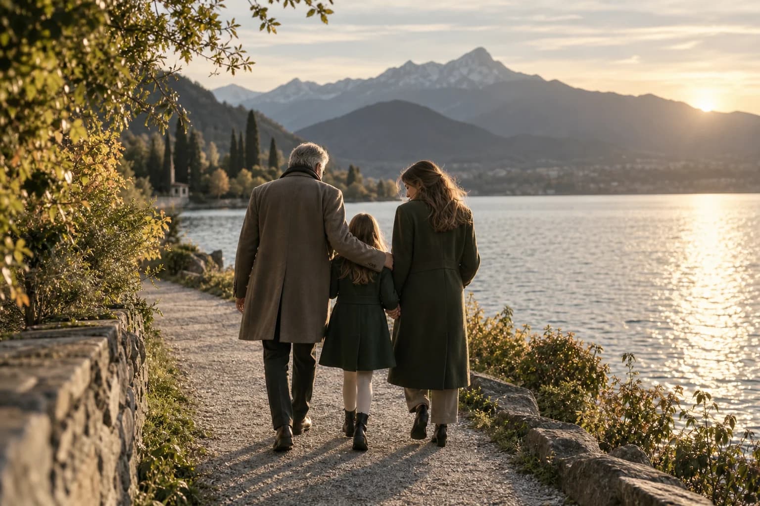 Symbolbild: Drei Generationen gehen gemeinsam an einem See mit Bergpanorama spazieren