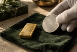 Symbolbild: Ein Goldbarren und eine mit Baumwollhandschuh gehaltene Silbermünze