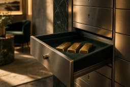 Symbolbild: Goldbarren in einem geöffneten, mit grünem Stoff ausgekleideten Schliessfach